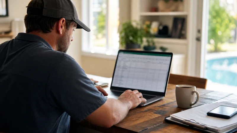 Pool service business owner reviewing a spreadsheet at a home office desk in the morning