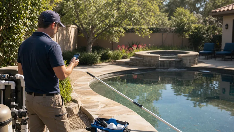 Pool service technician checking a smartphone poolside during a visit