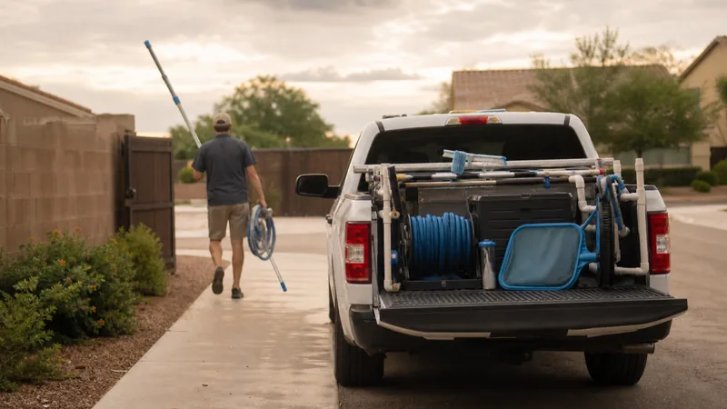 Pool service technician's truck parked in a driveway with equipment loaded for the day's route