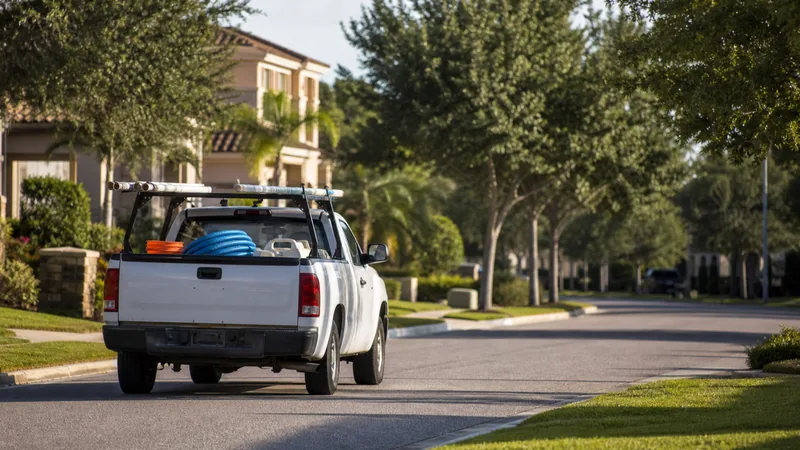 Pool service truck driving through a suburban neighborhood on its route