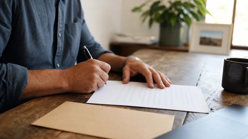 Business owner writing a price increase notice letter at a home office desk