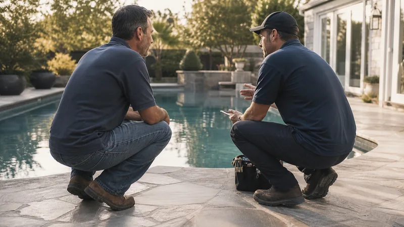 Homeowner and pool service technician talking briefly at the edge of a backyard pool