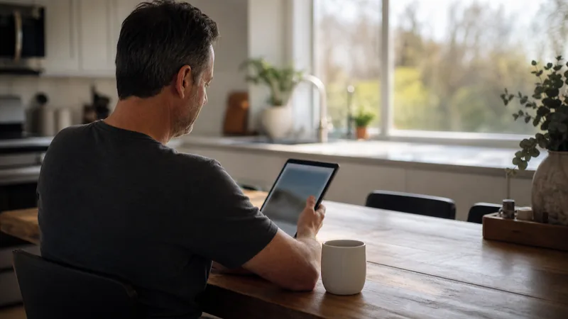 Homeowner checking a customer portal on a smartphone at a kitchen table
