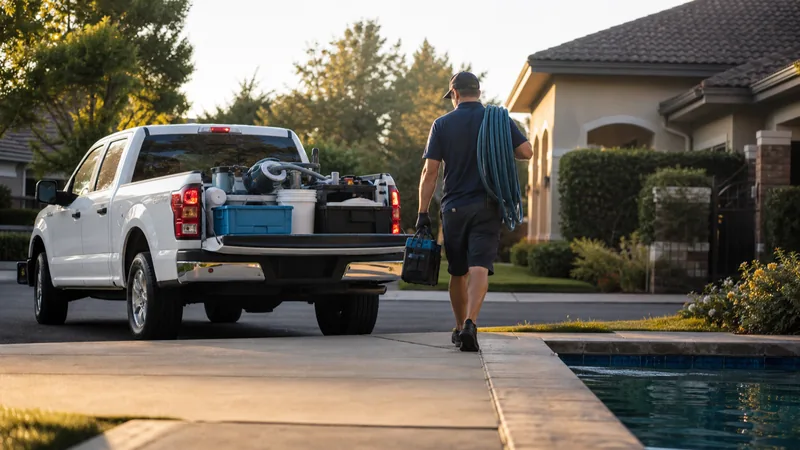 Pool service truck and technician arriving at a familiar suburban driveway on a consistent schedule
