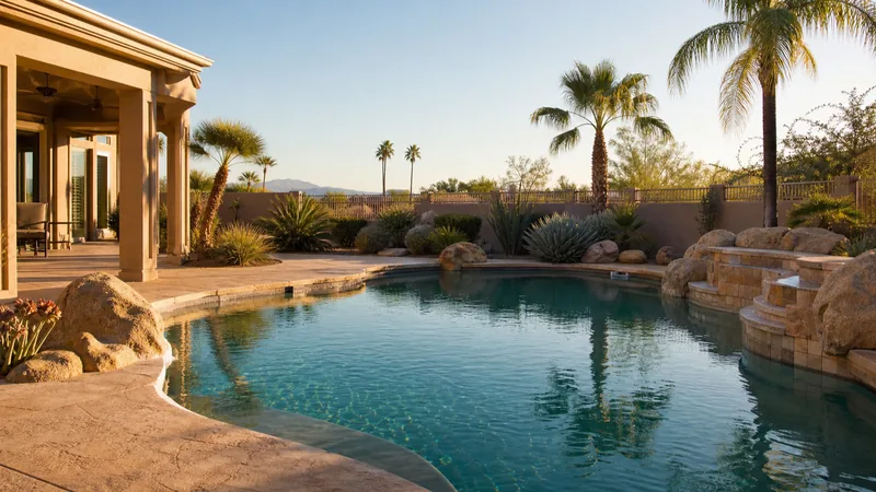 Backyard swimming pool in a desert-climate Arizona suburb under bright sunlight