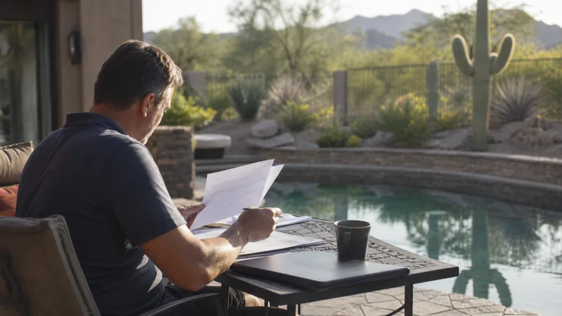 Business owner reviewing licensing documents at a patio table near a pool in Arizona