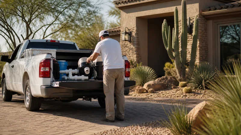 Pool service truck parked at a desert-style Arizona home while a technician unloads equipment