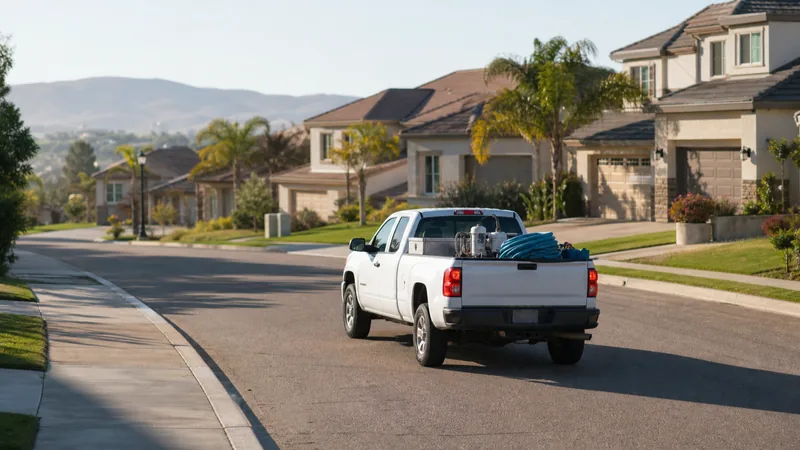 Pool service truck driving along a suburban street on its daily route