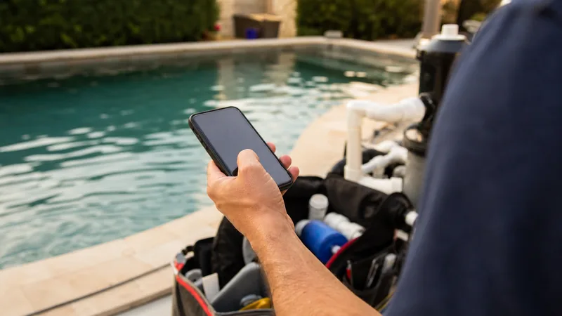 Pool technician's hand holding a smartphone poolside while logging a visit