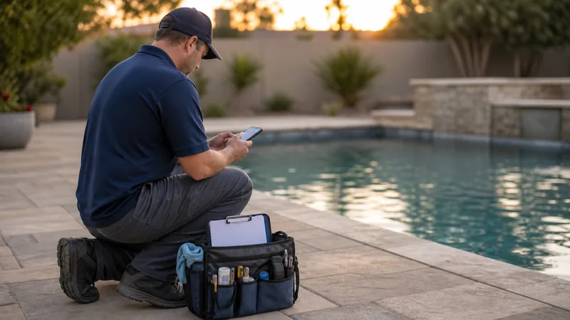 Pool service technician creating an invoice on a smartphone at a backyard pool deck