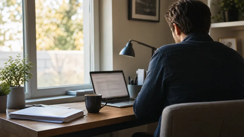 Home office desk with a laptop and coffee, representing a pool service owner's admin routine