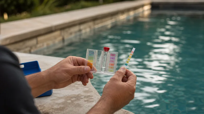 Pool technician's hands holding a water test kit at the edge of a pool