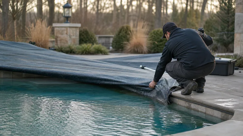 Pool technician removing a winter cover to reveal the water underneath