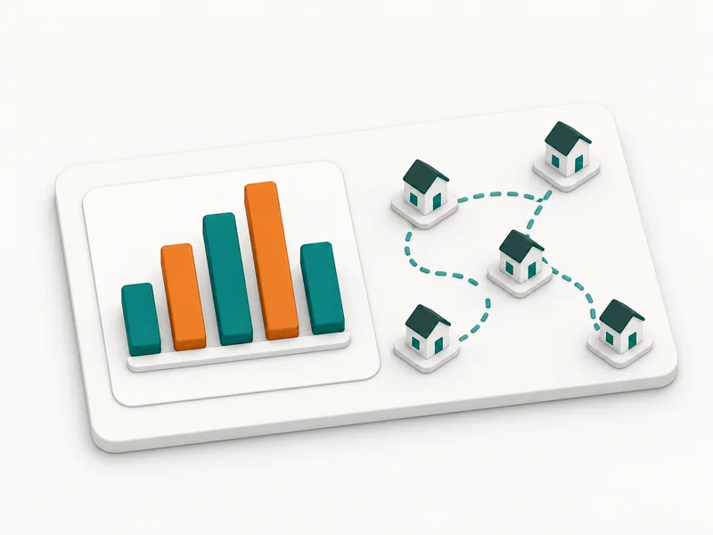 Isometric illustration of a dashboard chart and route line connecting houses